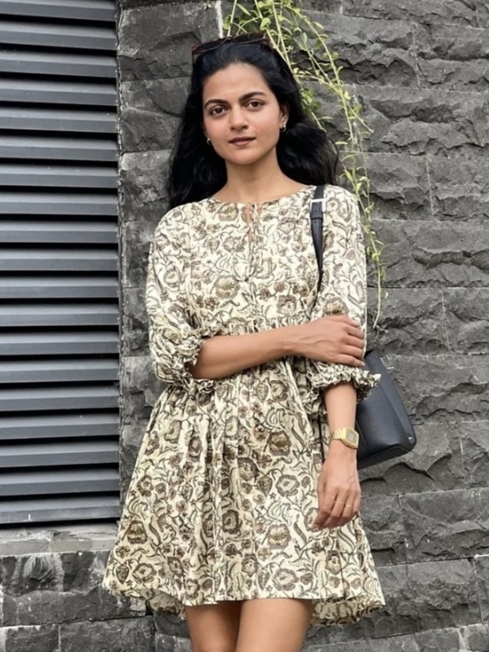 Floral Block Printed Cotton Gathered Short Dress - Picture 2 of 6